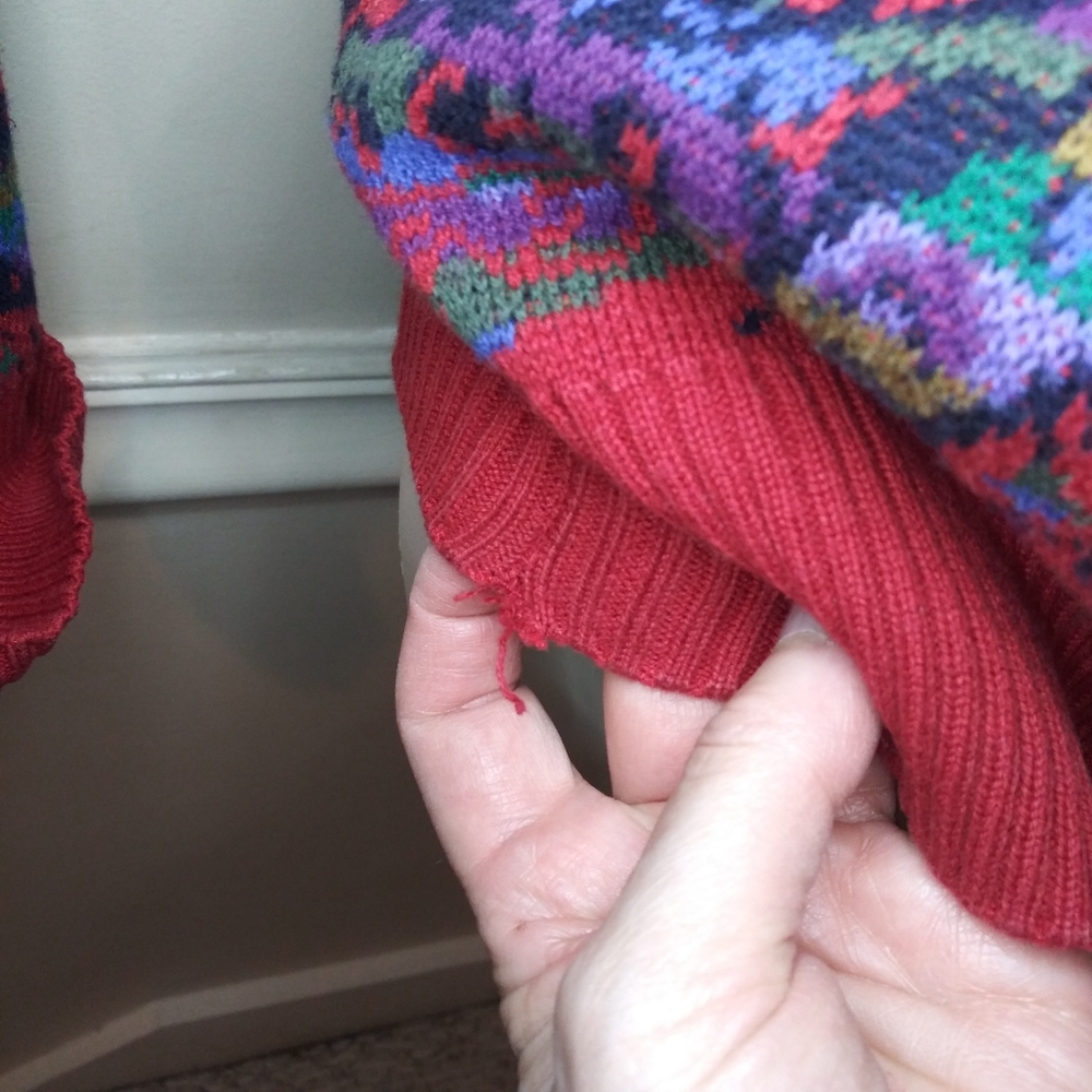 Vintage 80's Men's Grandpa Style Red & Purple Multicolored Paisley Sweater - Picture 5 of 10